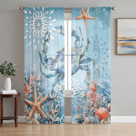 Sheer Curtain Panels Crab Rod Pocket Voile Window Curtains Marine Life Starfish Blue Window Treatments Ligh Filtering Privacy Curtain Drapes for Bedroom Living Room 2 Panel Set 108 Inch Length,