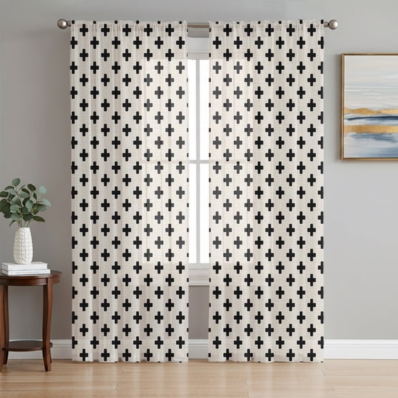 Sheer Curtain Panels Cream Crosses Motifs Rod Pocket Voile Window Curtains Plus Sign Icons Window Treatments Light Filtering Privacy Curtain Drapes for Bedroom Living Room 2 Panel Set 63 Inch