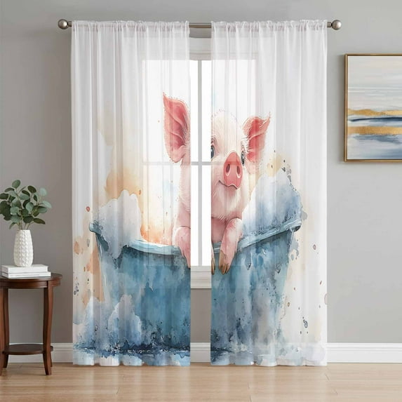 Sheer Curtain Panels Cute Animal Rod Pocket Voile Window Curtains Pig Bathtub Window Treatments Ligh Filtering Privacy Curtain Drapes for Bedroom Living Room 2 Panel Set 72 Inch Length,