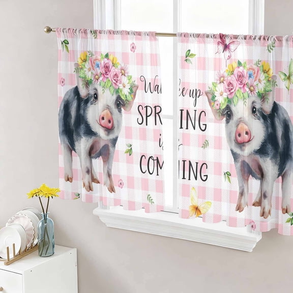 Sheer Curtain Panels Cute Pig Rod Pocket Voile Window Curtains Spring Flower Pink Plaid Window Treatments Ligh Filtering Privacy Curtain Drapes for Bedroom Living Room 2 Panel Set 45 Inch Length