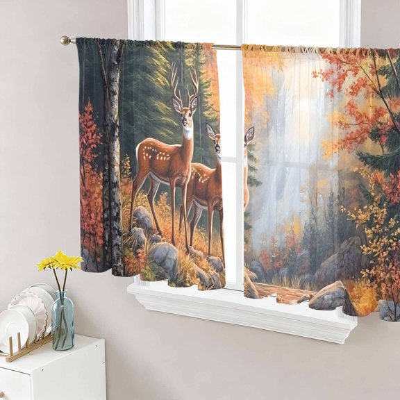 Sheer Curtain Panels Deer Rod Pocket Voile Window Curtains Mount Leaves Forest River Window Treatments Ligh Filtering Privacy Curtain Drapes for Bedroom Living Room 2 Panel Set 45 Inch Length