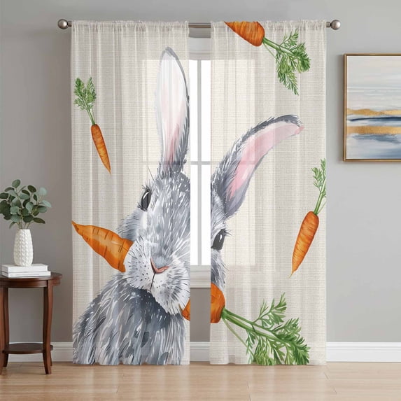 Sheer Curtain Panels Easter Bunny Rod Pocket Voile Window Curtains Rabbit Carrot Spring Window Treatments Ligh Filtering Privacy Curtain Drapes for Bedroom Living Room 2 Panel Set 63 Inch Length