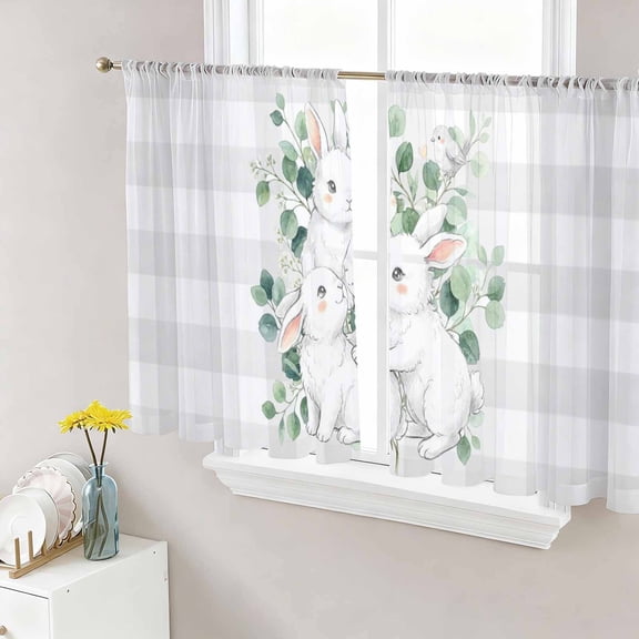Sheer Curtain Panels Easter Bunny Voile Window Curtains Rabbit Leaves Bird Gray Plaid Window Treatments Ligh Filtering Privacy Curtain Drapes for Bedroom Living Room 2 Panel Set 45 Inch Length