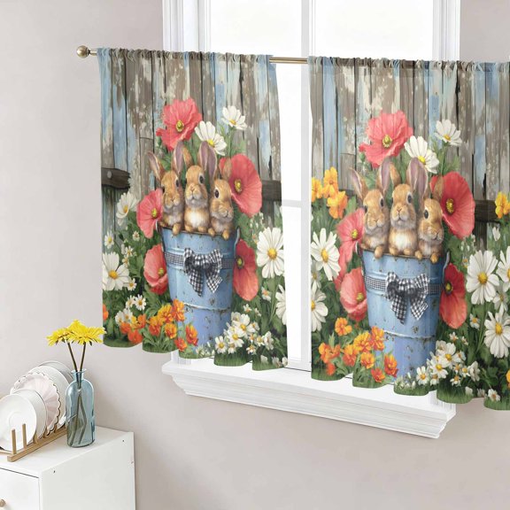 Sheer Curtain Panels Easter Bunny Voile Window Curtains Spring Dasiy Flower Wood Grain Window Treatments Ligh Filtering Privacy Curtain Drapes for Bedroom Living Room 2 Panel Set 45 Inch Length