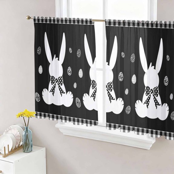 Sheer Curtain Panels Easter Eggs Bunny Voile Window Curtains Rabbit Bow Black Plaid Window Treatments Ligh Filtering Privacy Curtain Drapes for Bedroom Living Room 2 Panel Set 45 Inch Length