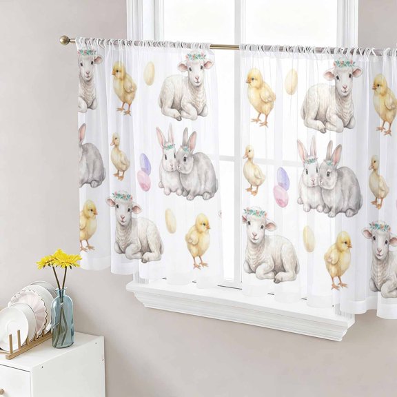 Sheer Curtain Panels Easter Eggs Bunny Voile Window Curtains Rabbits Lambs Chickens Window Treatments Ligh Filtering Privacy Curtain Drapes for Bedroom Living Room 2 Panel Set 45 Inch Length