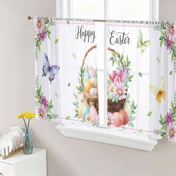 Sheer Curtain Panels Easter Eggs Voile Window Curtains Colorful Egg Basket Butterfly Flower Window Treatments Ligh Filtering Privacy Curtain Drapes for Bedroom Living Room 2 Panel Set 45 Inch Length