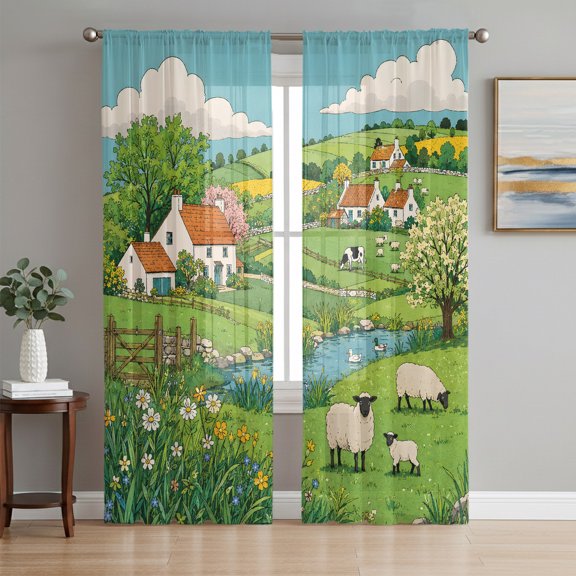 Sheer Curtain Panels Farm Animal Rod Pocket Voile Window Curtains Sheep Cow Countryside Landscape Window Treatments Light Filtering Privacy Curtain Drapes for Bedroom Living Room 2 Panel Set 63 Inch