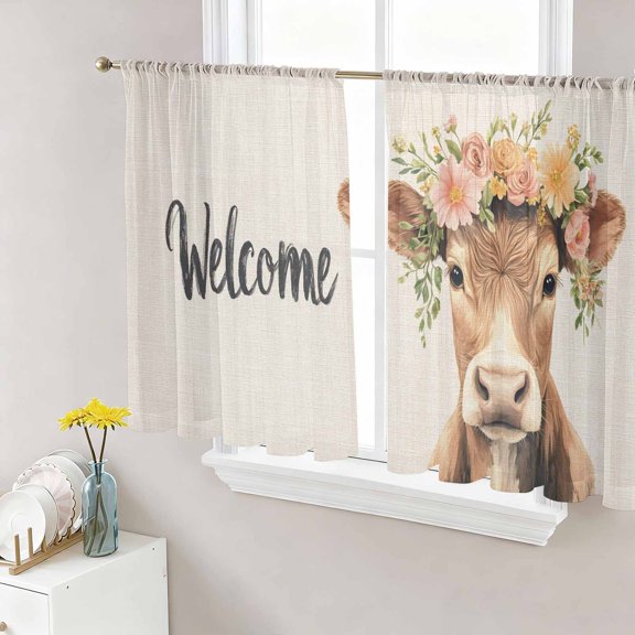 Sheer Curtain Panels Flower Wreath Cute Bull Voile Window Curtains Welcome Spring Window Treatments Ligh Filtering Privacy Curtain Drapes for Bedroom Living Room 2 Panel Set 54 Inch Length