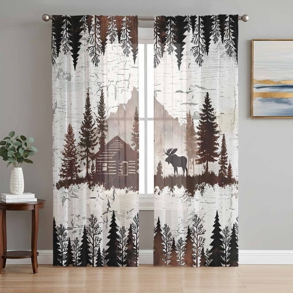 Sheer Curtain Panels Forest Moose Voile Window Curtains Log Cabin Animal Pine Tree Woodland Window Treatments Ligh Filtering Privacy Curtain Drapes for Bedroom Living Room 2 Panel Set 72 Inch