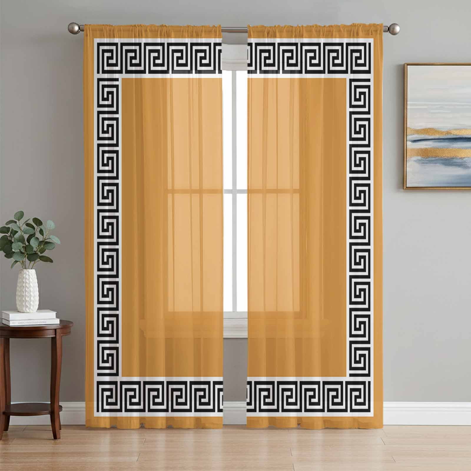 Sheer Curtain Panels Geometric Greek Key Design Rod Pocket Voile Window ...