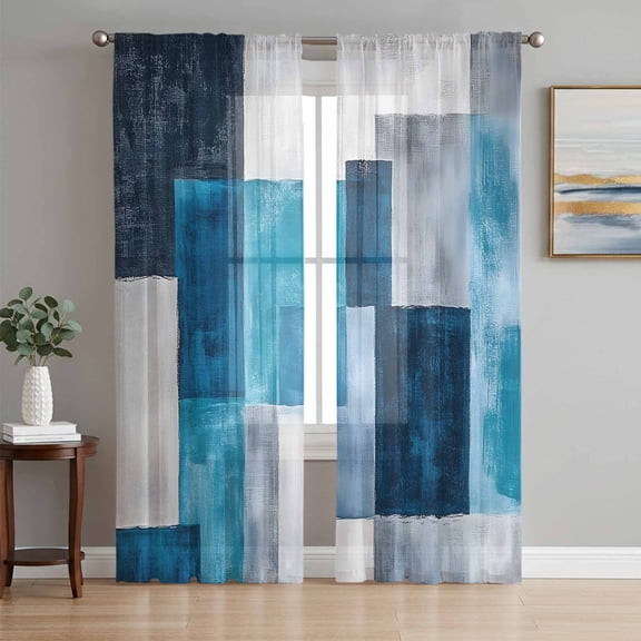 Sheer Curtain Panels Geometric Square Rod Pocket Voile Window Curtains Blue Treal Window Treatments Ligh Filtering Privacy Curtain Drapes for Bedroom Living Room 2 Panel Set 108 Inch Length,