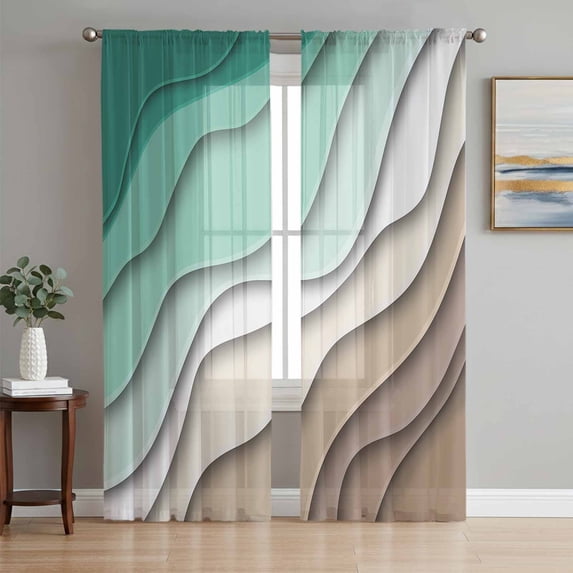 Sheer Curtain Panels Green Turquoise Modern Geometric Voile Window Curtains Brown Ombre Abstract Window Treatments Ligh Filtering Privacy Curtain Drapes for Bedroom Living Room 2 Panel Set 96 Inch