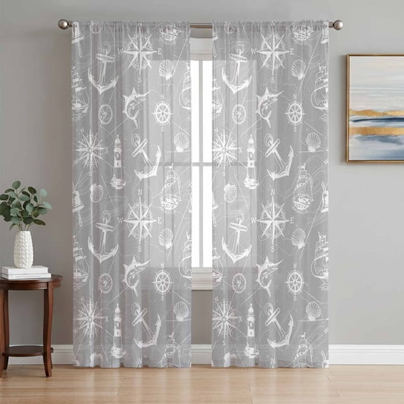 Sheer Curtain Panels Grey Anchor Sailboat Voile Window Curtains Nautical Ocean Compass Map Window Treatments Ligh Filtering Privacy Curtain Drapes for Bedroom Living Room 2 Panel Set 63 Inch