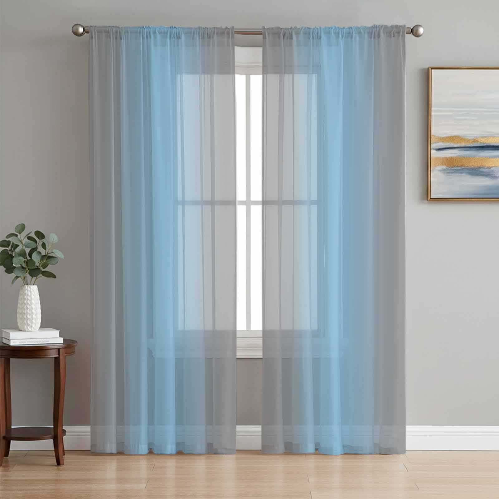 Sheer Curtain Panels Grey Blue Rod Pocket Voile Window Curtains ...