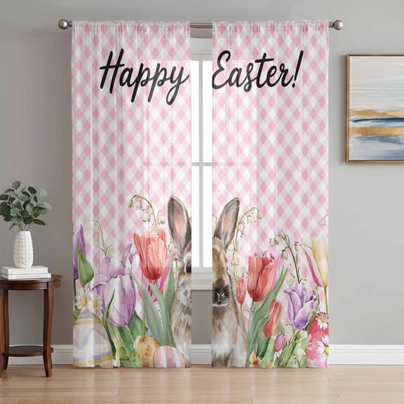 Sheer Curtain Panels Happy Easter Bunny Voile Window Curtains Flower Colorful Egg Pink Plaid Window Treatments Ligh Filtering Privacy Curtain Drapes for Bedroom Living Room 2 Panel 108 Inch Length