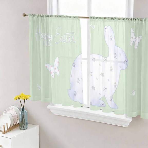 Sheer Curtain Panels Happy Easter Bunny Voile Window Curtains Flower Rabbit Butterfly Green Window Treatments Ligh Filtering Privacy Curtain Drapes for Bedroom Living Room 2 Panel Set 45 Inch Length