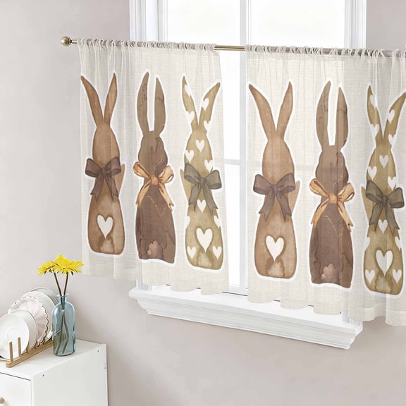 Sheer Curtain Panels Happy Easter Bunny Voile Window Curtains Rabbit Bow Love Heart Window Treatments Ligh Filtering Privacy Curtain Drapes for Bedroom Living Room 2 Panel Set 45 Inch Length