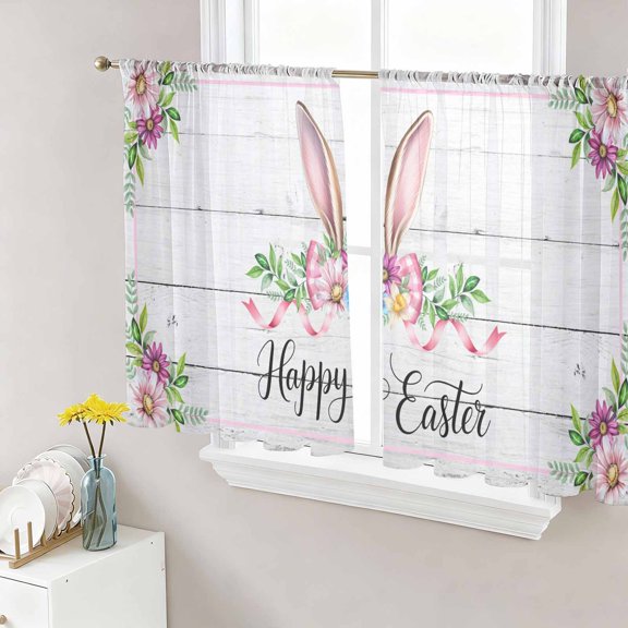 Sheer Curtain Panels Happy Easter Bunny Voile Window Curtains Rabbit Ears Bow Flower Wood Grain Window Treatments Ligh Filtering Privacy Curtain Drapes for Bedroom Living Room 2 Panel 45 Inch Length