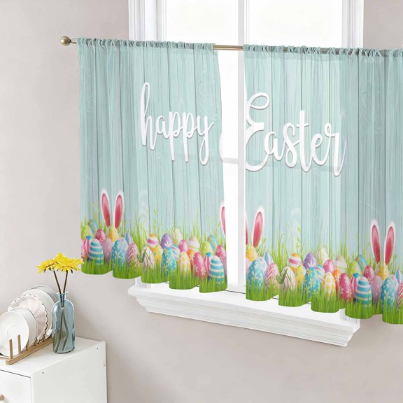 Sheer Curtain Panels Happy Easter Eggs Voile Window Curtains Bunny Rabbit Ears Wood Grain Window Treatments Ligh Filtering Privacy Curtain Drapes for Bedroom Living Room 2 Panel Set 45 Inch Length