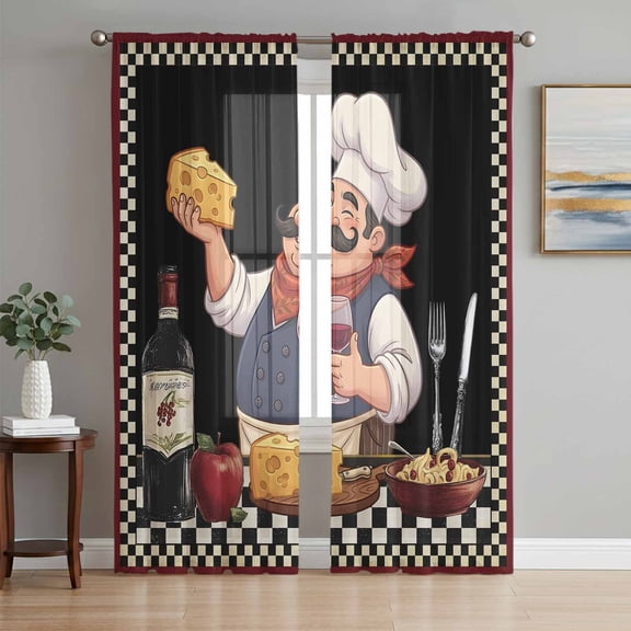 Sheer Curtain Panels Kitchen Chef Voile Window Curtains Red Wine Cheese Bistro Black Buffalo Plaid Window Treatments Ligh Filtering Privacy Curtain Drapes for Bedroom Living Room 2 Panel Set 63 Inch