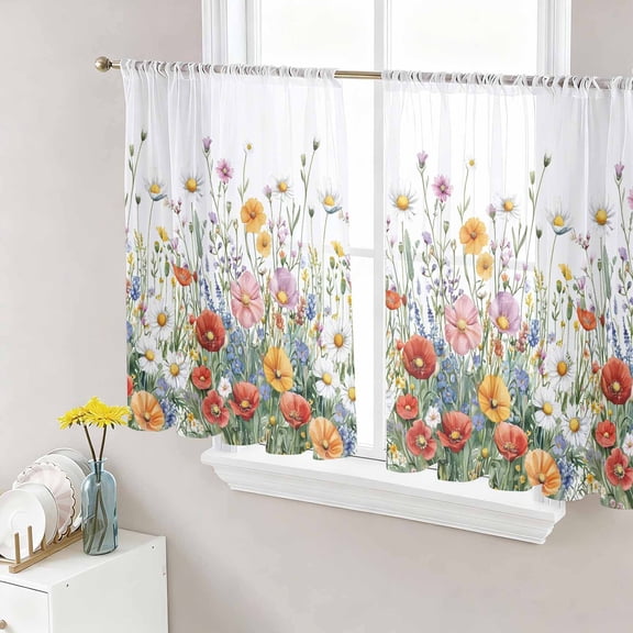 Sheer Curtain Panels Lily Daisy Flower Voile Window Curtains Watercolor Wildflower Window Treatments Ligh Filtering Privacy Curtain Drapes for Bedroom Living Room 2 Panel Set 45 Inch Length