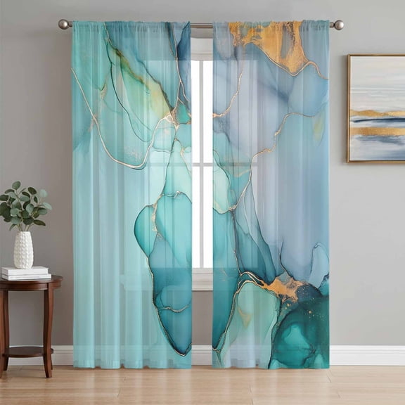 Sheer Curtain Panels Marble Aqua Green Rod Pocket Voile Window Curtains Abstract Art Marble Window Treatments Ligh Filtering Privacy Curtain Drapes for Bedroom Living Room 2 Panel Set 63 Inch,