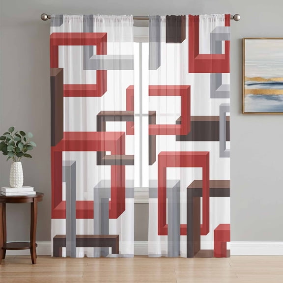 Sheer Curtain Panels Mid Century Abstract Red Rod Pocket Voile Window Curtains Geometric Modern Window Treatments Ligh Filtering Privacy Curtain Drapes for Bedroom Living Room 2 Panel Set 84 Inch