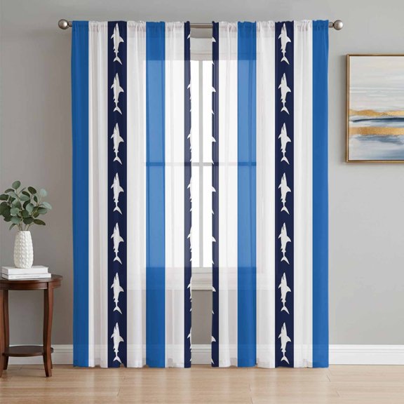 Sheer Curtain Panels Ocean Shark Stripes Rod Pocket Voile Window Curtains Blue White Striped Window Treatments Ligh Filtering Privacy Curtain Drapes for Bedroom Living Room 2 Panel Set 63 Inch