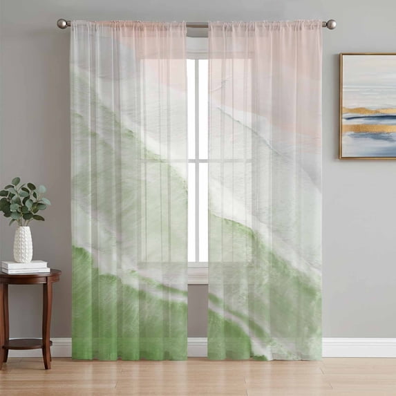 Sheer Curtain Panels Ocean Waves Rod Pocket Voile Window Curtains Sage Green Ombre Beach Window Treatments Ligh Filtering Privacy Curtain Drapes for Bedroom Living Room 2 Panel Set 63 Inch Length,