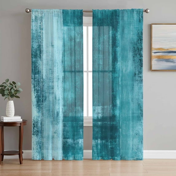 Sheer Curtain Panels Oil Painting Rod Pocket Voile Window Curtains Oil Painting Teal Window Treatments Ligh Filtering Privacy Curtain Drapes for Bedroom Living Room 2 Panel Set 96 Inch Length,