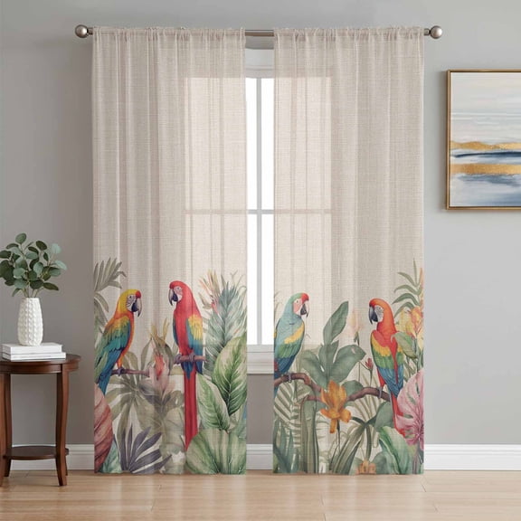 Sheer Curtain Panels Parrot Birds Branch Leaves Voile Window Curtains Palm Tree Leaves Nature Window Treatments Ligh Filtering Privacy Curtain Drapes for Bedroom Living Room 2 Panel Set 84 Inch