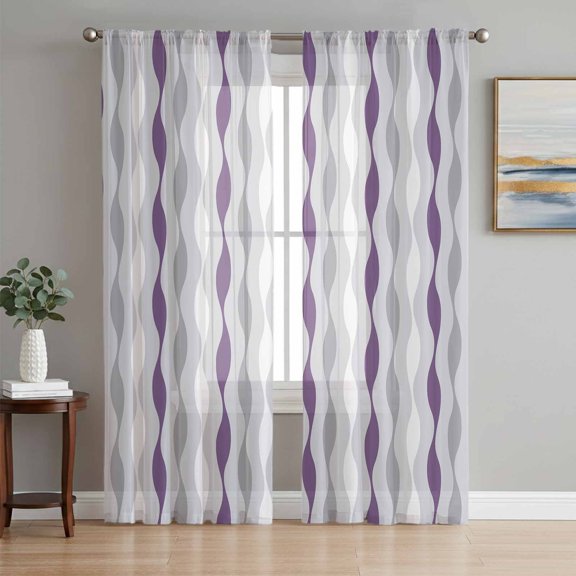 Sheer Curtain Panels Purple Grey Wave Stripes Voile Window Curtains Geometric Twists Striped Window Treatments Ligh Filtering Privacy Curtain Drapes for Bedroom Living Room 2 Panel Set 63 Inch