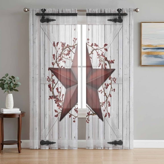 Sheer Curtain Panels Red Barn Star Berry Voile Window Curtains Rustic Farmhouse Door Wall Window Treatments Ligh Filtering Privacy Curtain Drapes for Bedroom Living Room 2 Panel Set 63 Inch