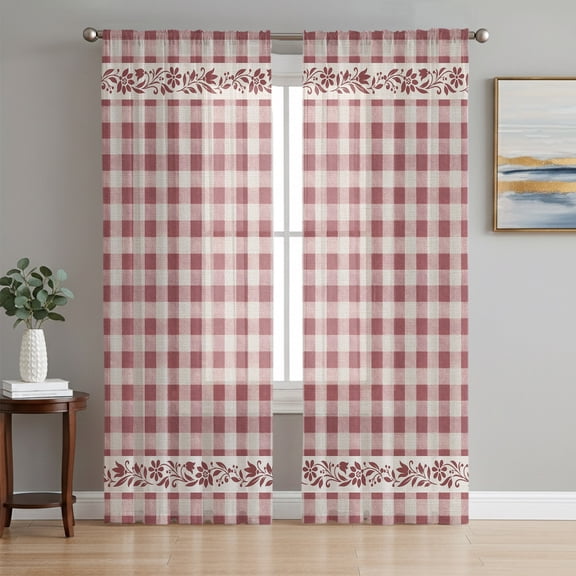 Sheer Curtain Panels Red Buffalo Plaid Rod Pocket Voile Window Curtains Rustic Floral Vine Border Window Treatments Light Filtering Privacy Curtain Drapes for Bedroom Living Room 2 Panel Set 84 Inch