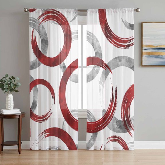 Sheer Curtain Panels Red Circles Rod Pocket Voile Window Curtains Geometric Abstract Twisted Lines Window Treatments Ligh Filtering Privacy Curtain Drapes for Bedroom Living Room 2 Panel Set 63 Inch