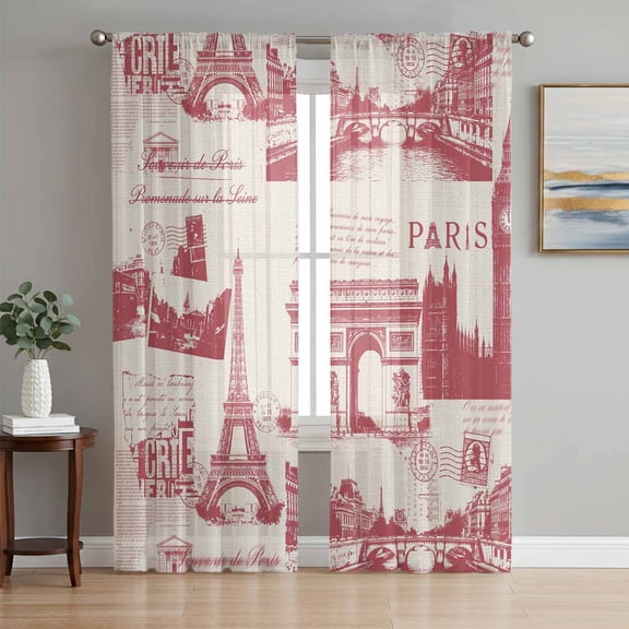 Sheer Curtain Panels Red Eiffel Tower Voile Window Curtains France Paris Travel Landscape Window Treatments Ligh Filtering Privacy Curtain Drapes for Bedroom Living Room 2 Panel Set 72 Inch