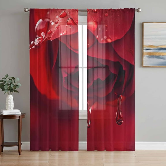 Sheer Curtain Panels Red Rose Rod Pocket Voile Window Curtains Nature Water Drops Window Treatments Ligh Filtering Privacy Curtain Drapes for Bedroom Living Room 2 Panel Set 63 Inch