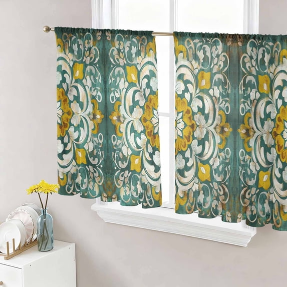 Sheer Curtain Panels Retro Flower Rod Pocket Voile Window Curtains Floral Pattern Green Window Treatments Ligh Filtering Privacy Curtain Drapes for Bedroom Living Room 2 Panel Set 45 Inch Length
