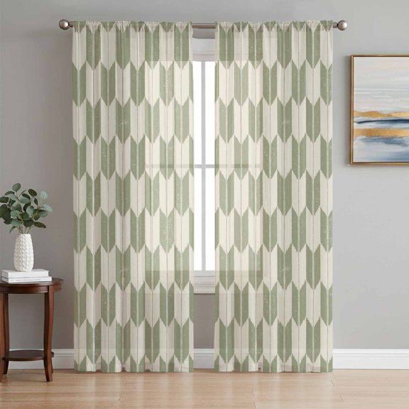 Sheer Curtain Panels Sage Arrow Patterns Rod Pocket Voile Window Curtains Abstract Geometric Lines Window Treatments Ligh Filtering Privacy Curtain Drapes for Bedroom Living Room 2 Panel Set 63 Inch