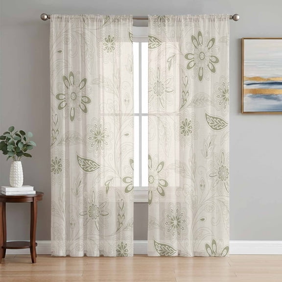 Sheer Curtain Panels Sage Green Paisley Pattern Voile Window Curtains Boho Tribal Vintage Flowers Window Treatments Ligh Filtering Privacy Curtain Drapes for Bedroom Living Room 2 Panel Set 84 Inch