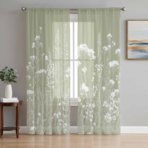 Sheer Curtain Panels Sage Green Wildflower Voile Window Curtains Botanical Farmhouse Field Floral Window Treatments Ligh Filtering Privacy Curtain Drapes for Bedroom Living Room 2 Panel Set 84 Inch