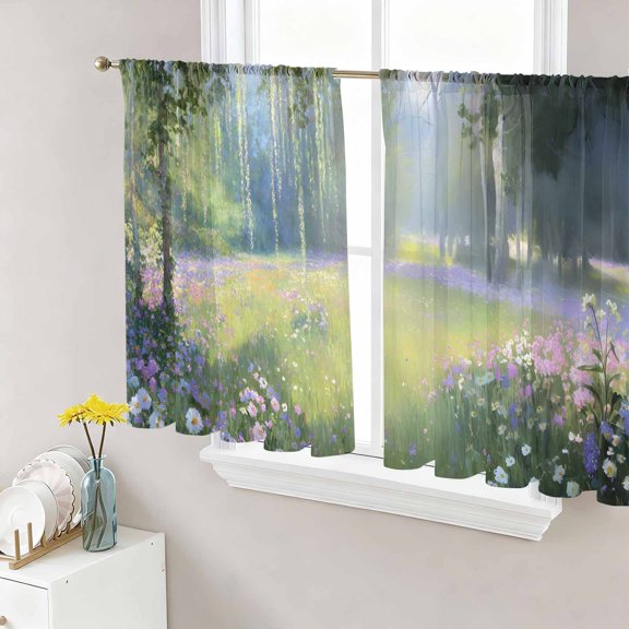 Sheer Curtain Panels Spring Flower Rod Pocket Voile Window Curtains Dreamy Oil Painting Window Treatments Ligh Filtering Privacy Curtain Drapes for Bedroom Living Room 2 Panel Set 54 Inch Length