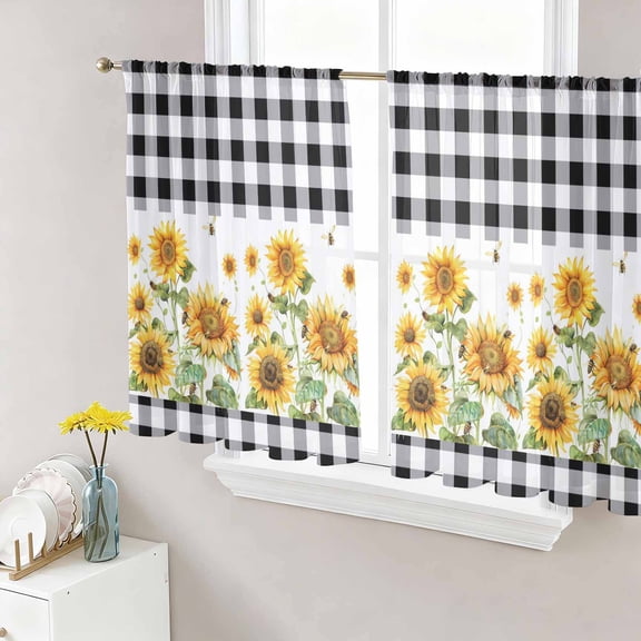 Sheer Curtain Panels Sunflower Rod Pocket Voile Window Curtains Black Buffalo Plaid Check Window Treatments Ligh Filtering Privacy Curtain Drapes for Bedroom Living Room 2 Panel Set 54 Inch Length