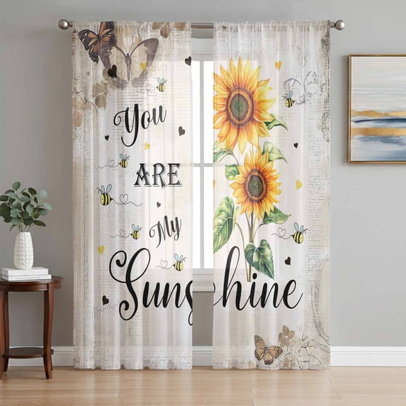 Sheer Curtain Panels Sunflower Rod Pocket Voile Window Curtains My Sunshine Butterfly Floral Window Treatments Ligh Filtering Privacy Curtain Drapes for Bedroom Living Room 2 Panel Set 108 Inch