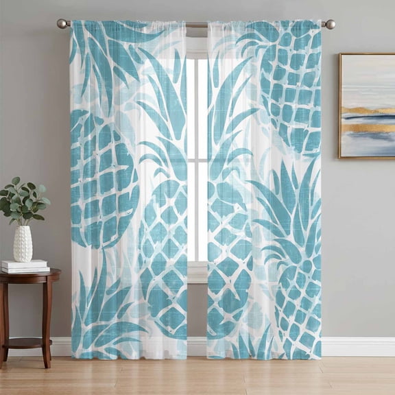 Sheer Curtain Panels Teal Blue Pineapple Voile Window Curtains Summer Tropical Fruit Leaves Window Treatments Ligh Filtering Privacy Curtain Drapes for Bedroom Living Room 2 Panel Set 84 Inch