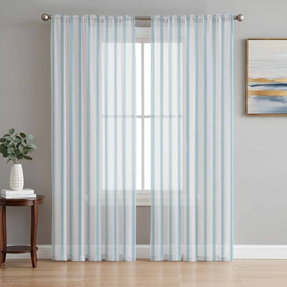 Sheer Curtain Panels Teal Stripes Rod Pocket Voile Window Curtains Simple Style Window Treatments Ligh Filtering Privacy Curtain Drapes for Bedroom Living Room 2 Panel Set 72 Inch Length,