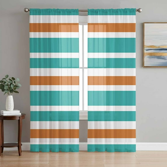 Sheer Curtain Panels Turquoise and Orange Stripes Rod Pocket Voile Window Curtains Striped Window Treatments Ligh Filtering Privacy Curtain Drapes for Bedroom Living Room 2 Panel Set 84 Inch Length,