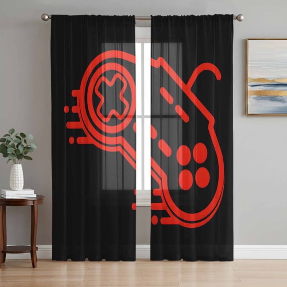 Sheer Curtain Panels Video Games Controller Voile Window Curtains Black Red Gaming Console Window Treatments Ligh Filtering Privacy Curtain Drapes for Bedroom Living Room 2 Panel Set 63 Inch