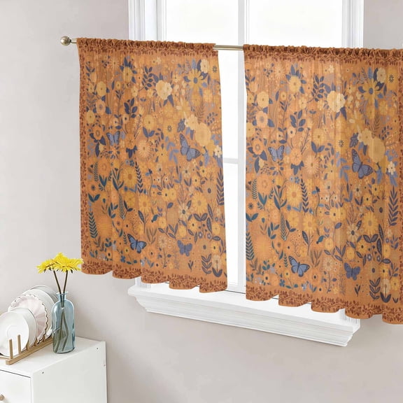 Sheer Curtain Panels Vintage Daisy Floral Voile Window Curtains Spring Wildflower Orange Window Treatments Ligh Filtering Privacy Curtain Drapes for Bedroom Living Room 2 Panel Set 54 Inch Length